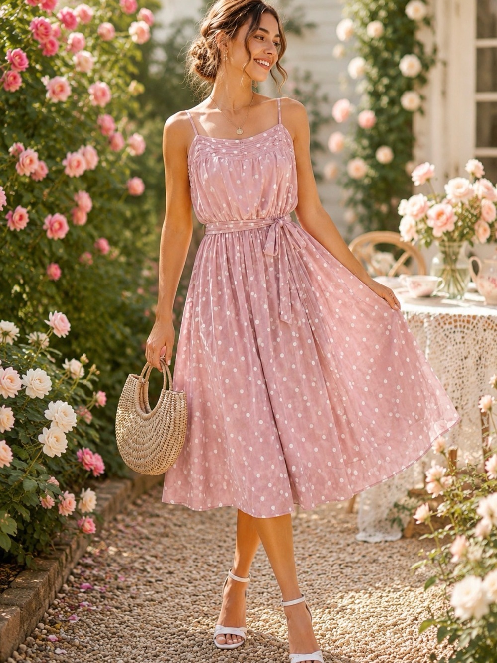June & Hudson Pink Polka Dot Midi Sundress Size M Cottagecore